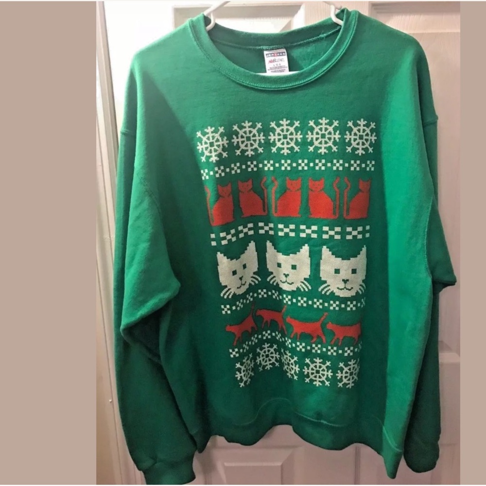 CHRISTMAS Cat Lady Sweatshirt Crewneck Green Jerzees Green Red White Snowflake